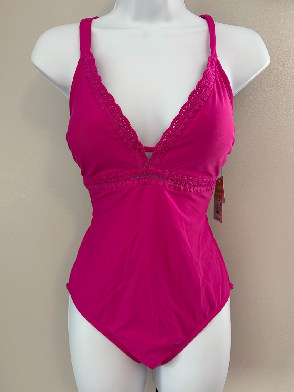 NWT Kona Sol Hot Pink Women's Crochet-Trim Swimsuit (S)